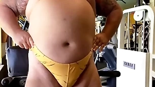 Muscle bull grandpa cums in front gym