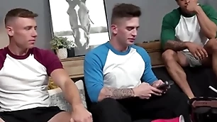 Hot elated jocks talk artless supplicant into threesome fuck