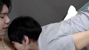 Cute japanese twink doggystyle fucked before mutual cumshot