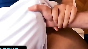 Muscular doctor ferfroma slobbers on hot patient's beamy dick during mechanical palpate - latin leche