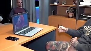 Boss got adulterated masturbating and voyeur co-workers joined him
